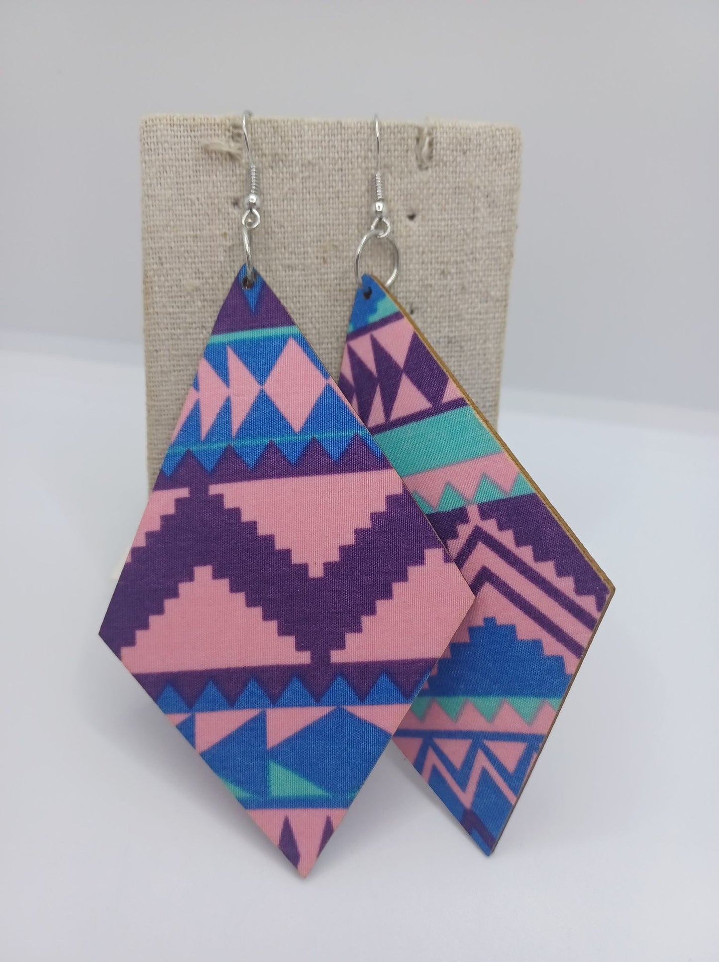 Diamond Shaped Pink, Teal, & Blue Wooden Earrings