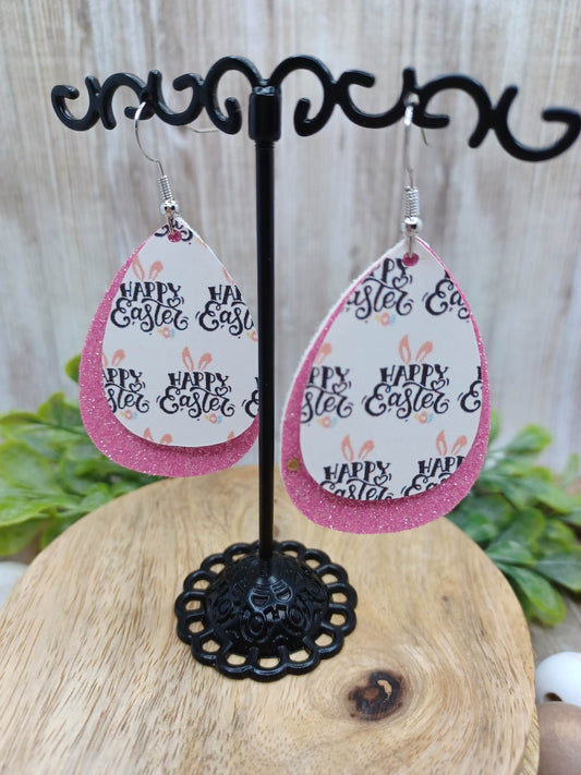 Pink & White Easter Double Layered Leather Style Earrings