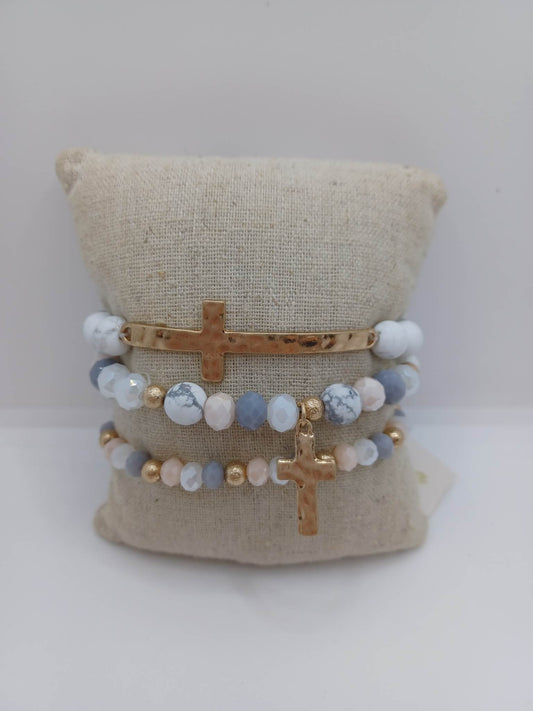 White, Tan, Blue, & Gold Beaded Cross Bracelet Set
