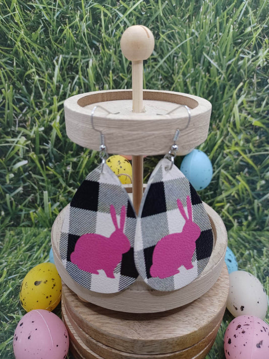 Black & White Plaid w/ Pink Bunny Earrings