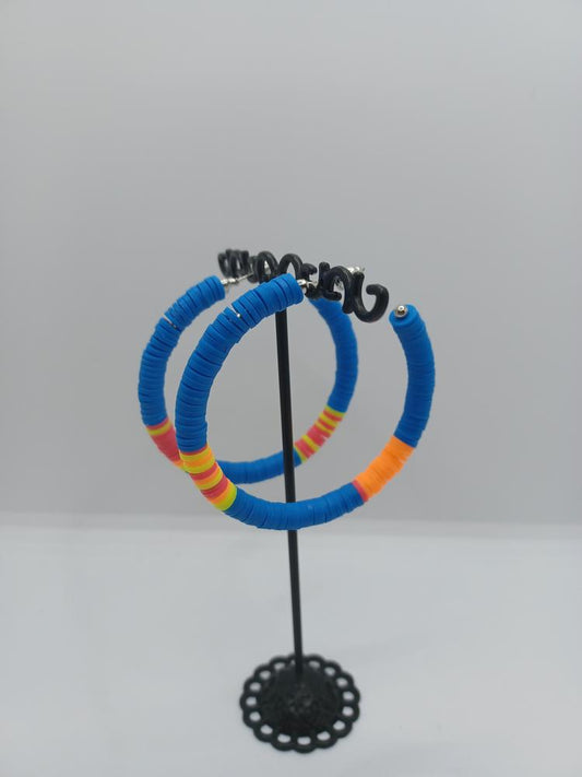 Blue Hoop Earrings w/ Multicolored Discs