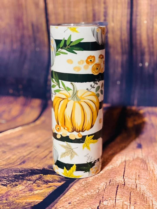 PRE ORDER - Black & White Striped Pumpkin Tumbler