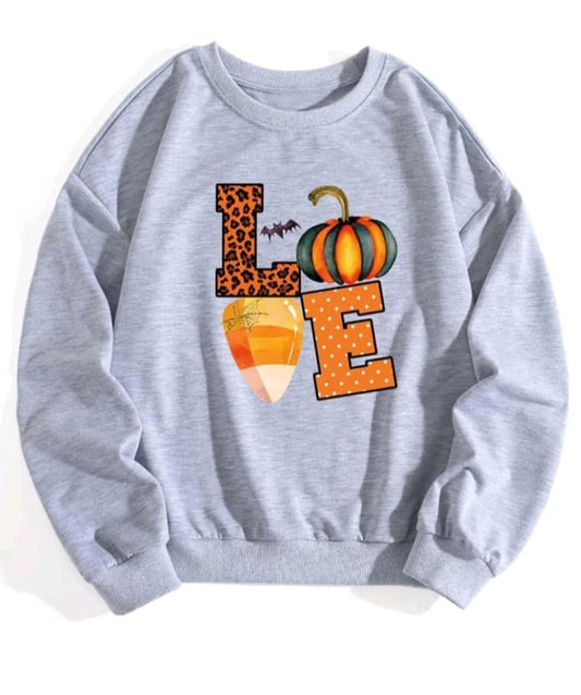 Grey Halloween Themed LOVE Sweatshirt w/ Pumpkin & Candy Corn