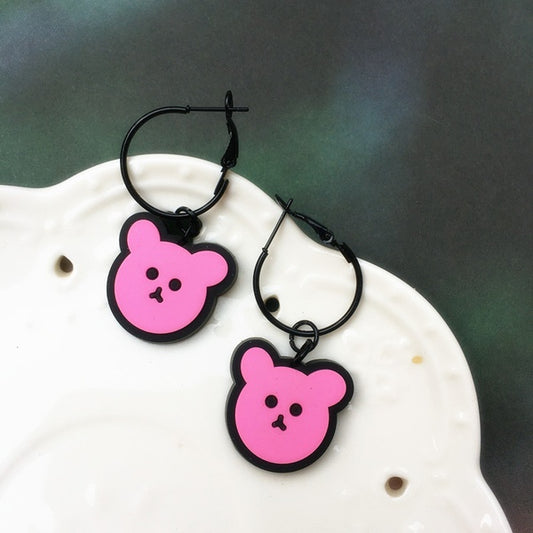 Pink Teddy Bear Earrings on a Black Hoop