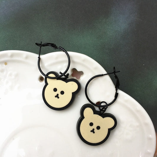 White Teddy Bear Earrings on a Black Hoop