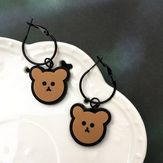 Tan Teddy Bear Earrings on a Black Hoop