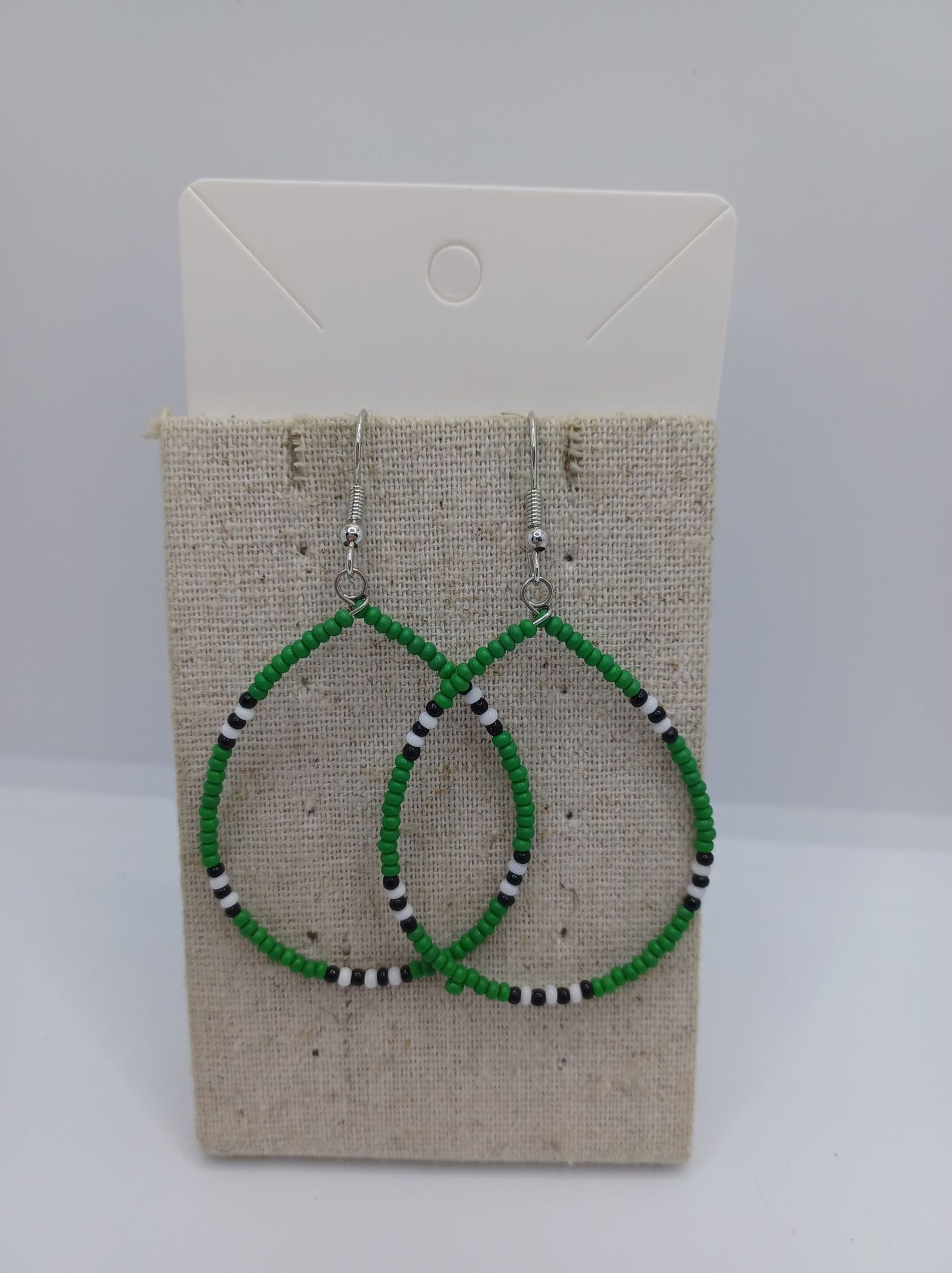 Green, White, & Black Seabeaded Teardrop Earrings