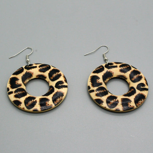 Wooden Leopard Circle Style Earrings