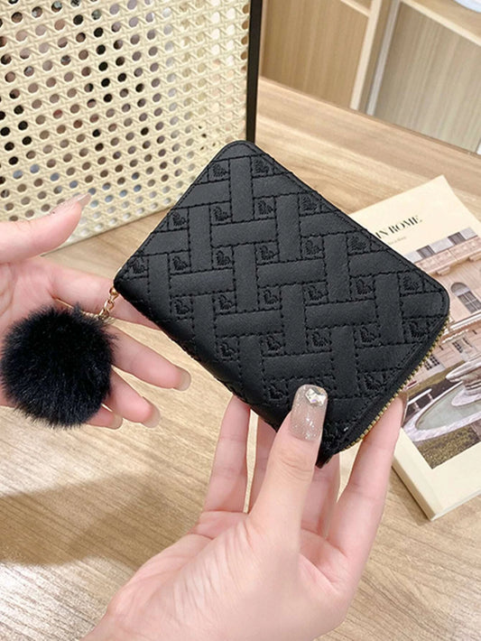 Black Quilted Wallet w/ Pom Detail