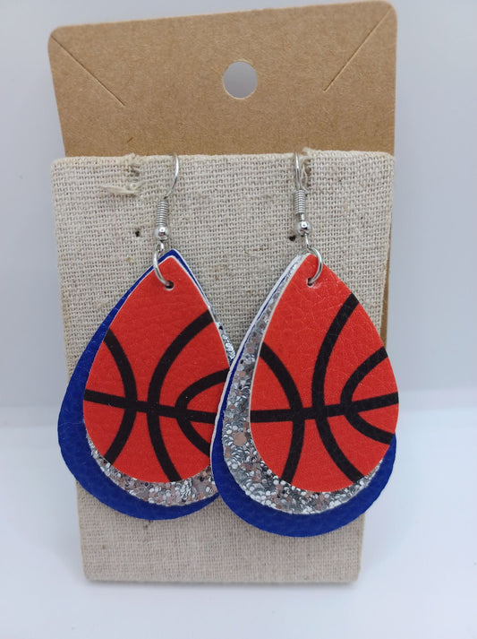 Triple Layered Basketball Earrings w/ Blue & Silver Glitter