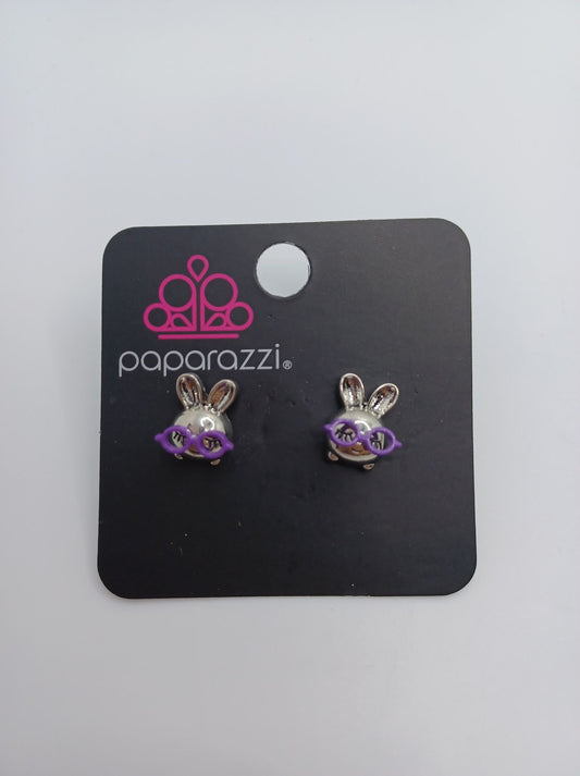 Silver Bunny Rabbit wearing Purple Glasses Earrings
