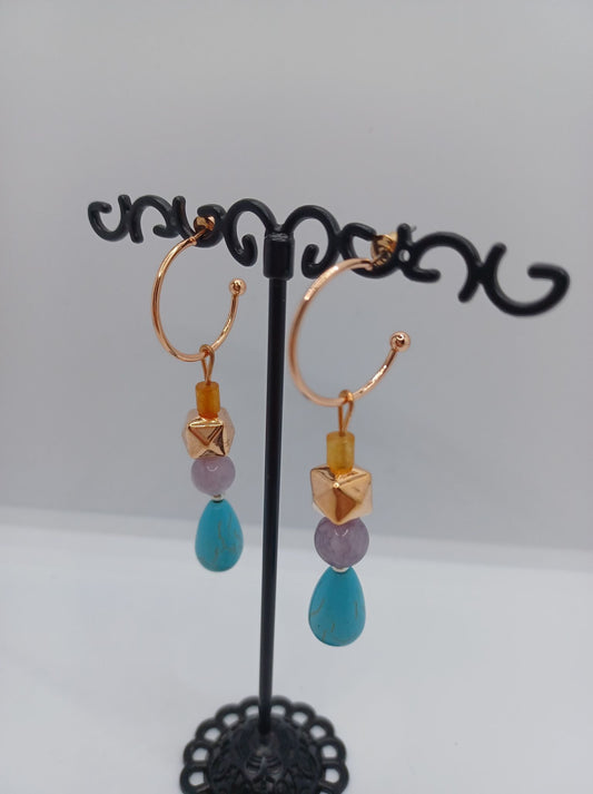 Copper Hoop Earrings w/ Grey & Turquoise Beading