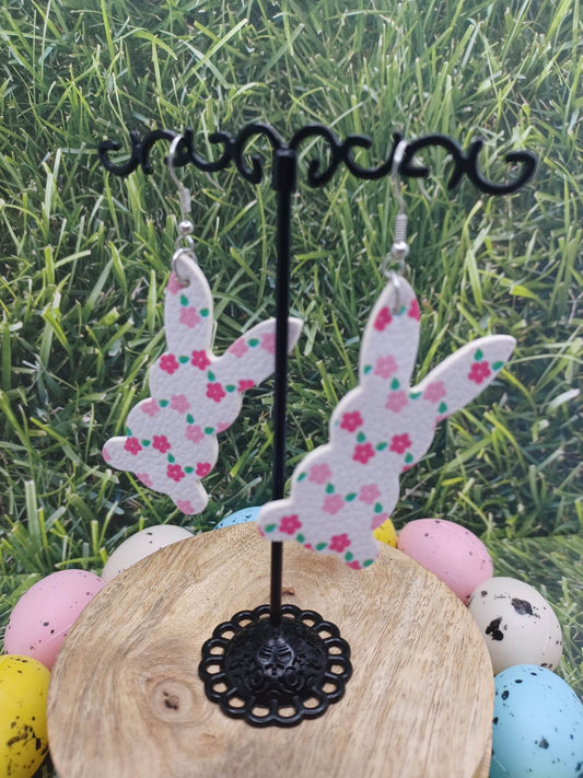 Easter Bunny Cutout Earrings w/ Pink & Purple Flowers