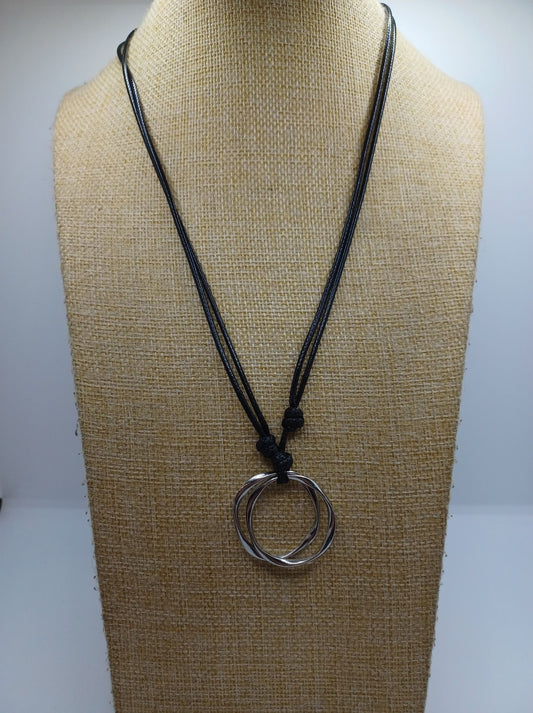 Double Layered Leather Style Adjustable Necklace w/ Silver Pendant
