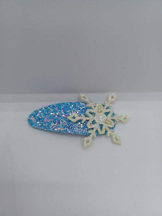 Blue Glitter Hair Clip w/ White Snowflake Accent