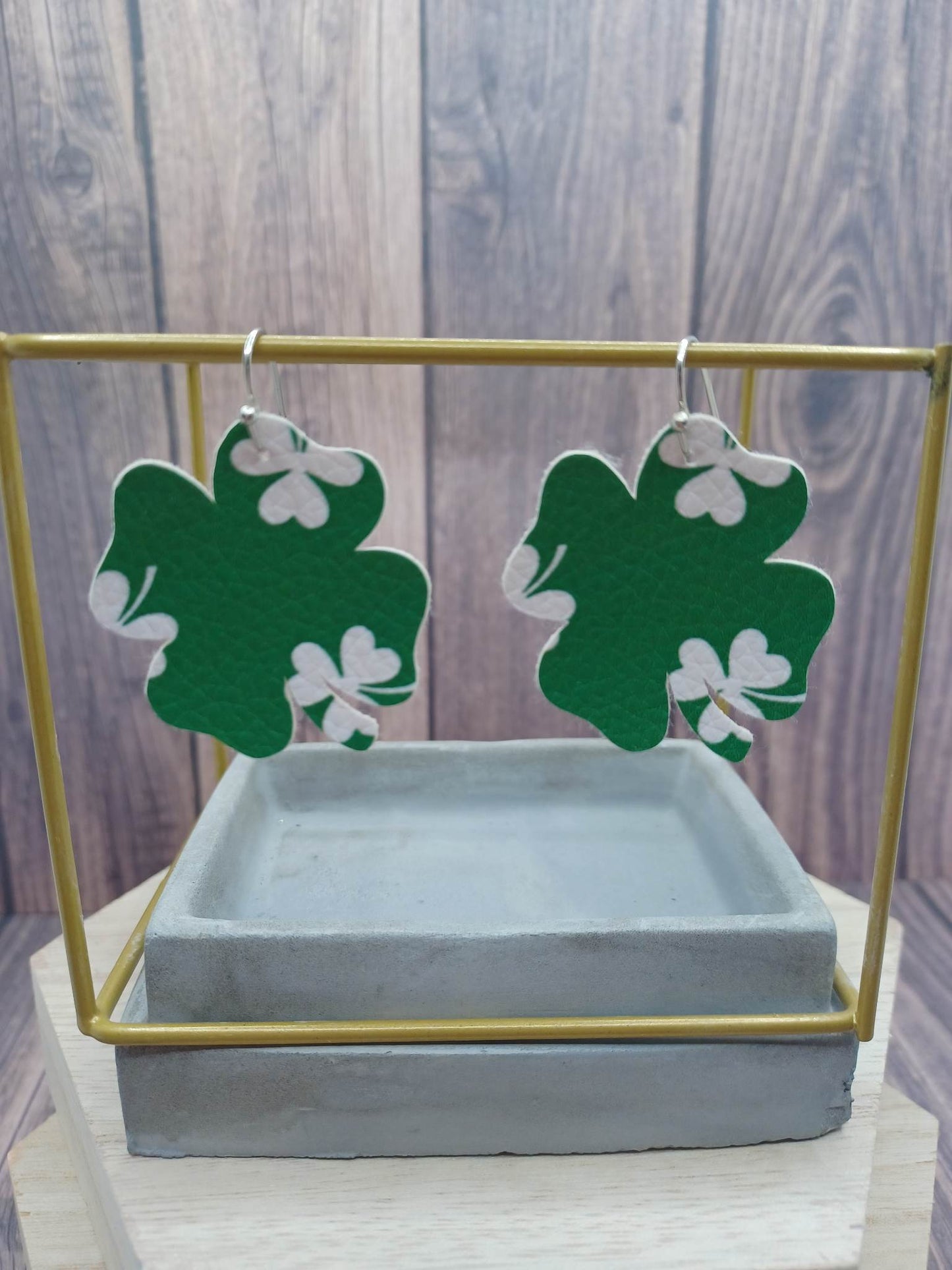 Green Shamrock Shaped Earrings w/ White Shamrock Pattern