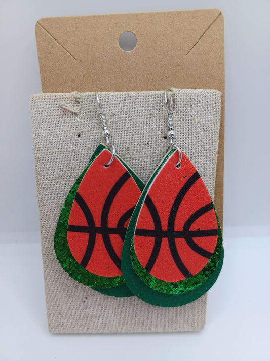 Triple Layered Basketball Earrings w/ Green Glitter
