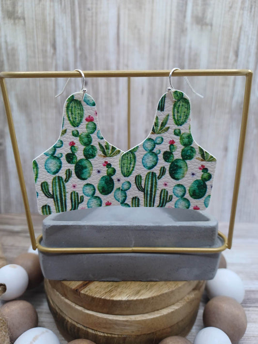 Cactus Printed Cow Tag Leather Style Earrings
