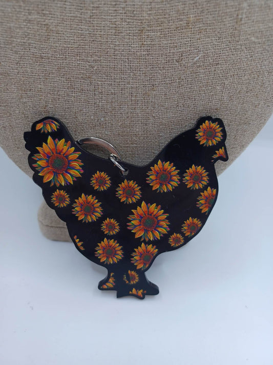 Black w/ Sunflower Patterned Chicken Keychain