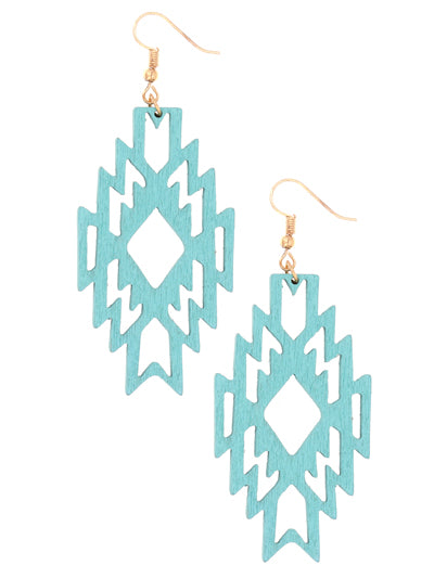 Teal Wooden Aztec Cutout Design Earrings