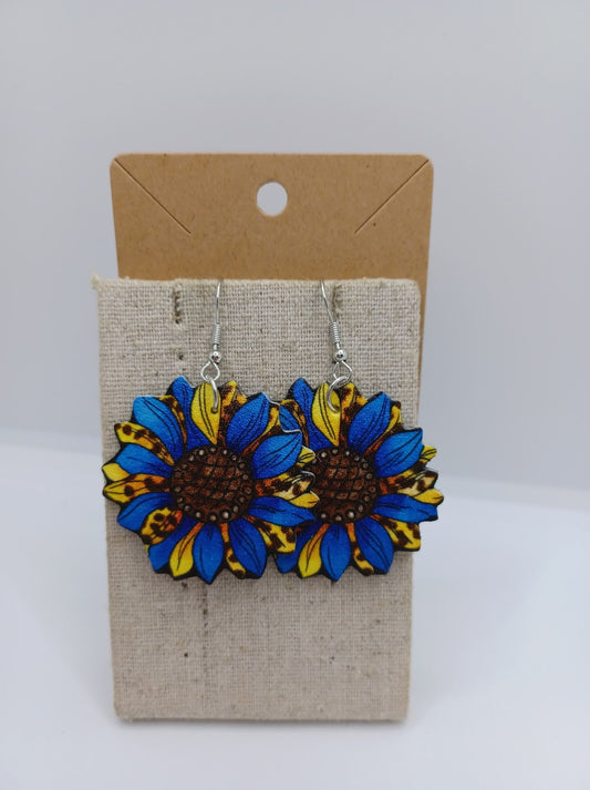 Blue, Yellow, & Leopard Sunflower Earrings