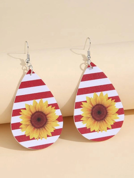 Sunflower w/ Red & White Stripes Leather Style Earrings