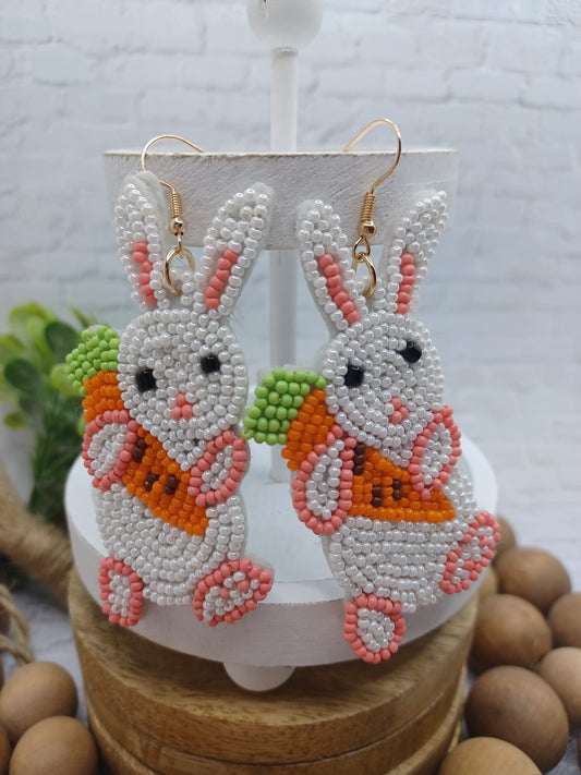 Easter Bunny Rabbit Holding a Carrot Sea Beaded Earrings