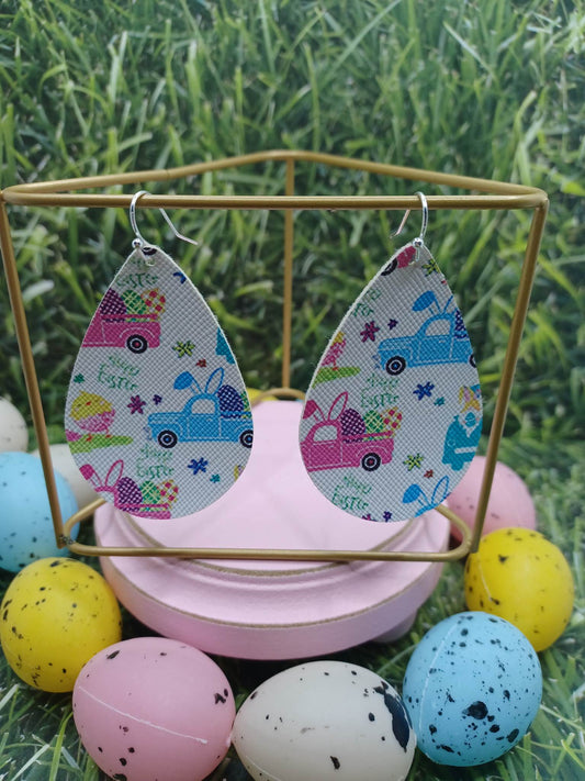 Happy Easter w/ Pink Truck Hauling Easter Eggs Leather Style Earrings