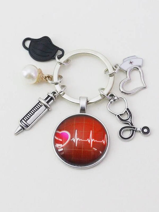 Nurse Keychain w/ Mask, heart, Heartbeat, and Syringe