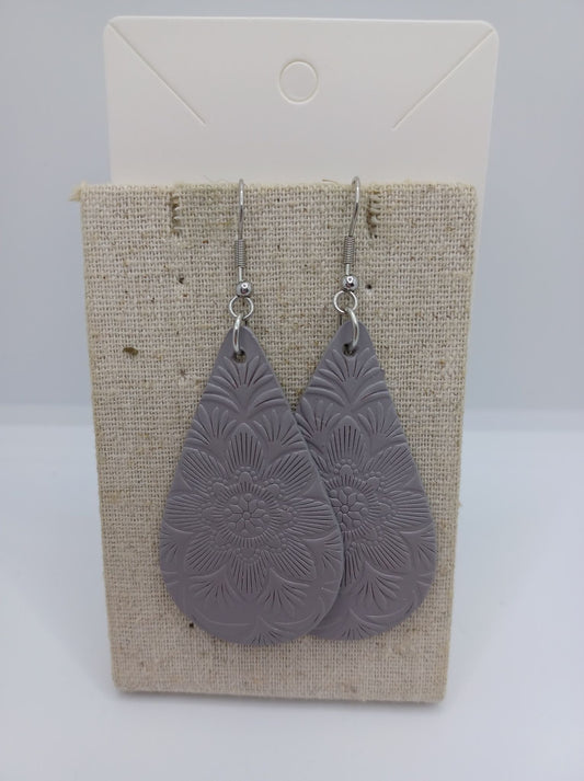 Grey Leather Style Floral Embossed Earrings