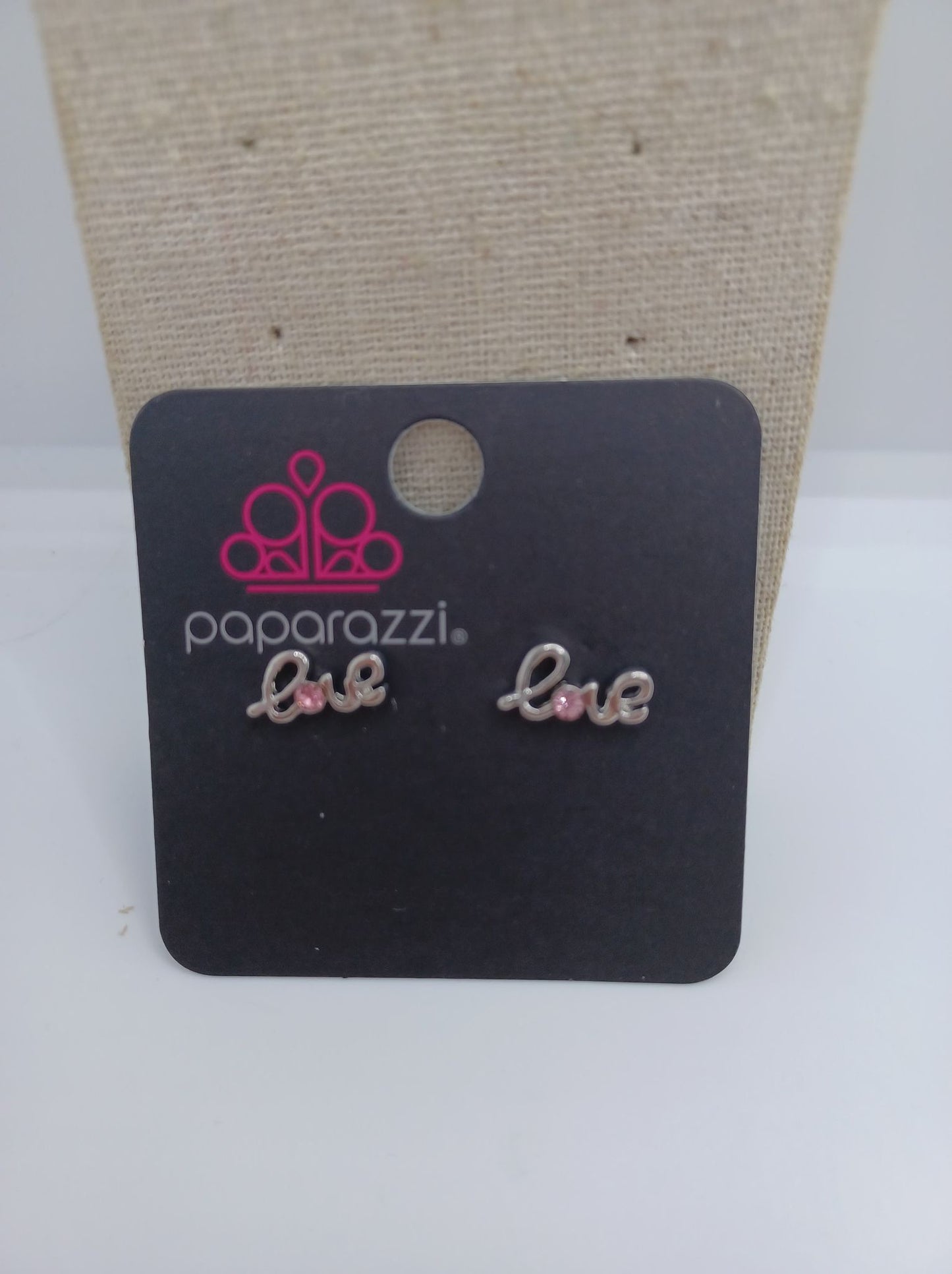 Silver "Love" Earrings w/ Pink Rhinestone