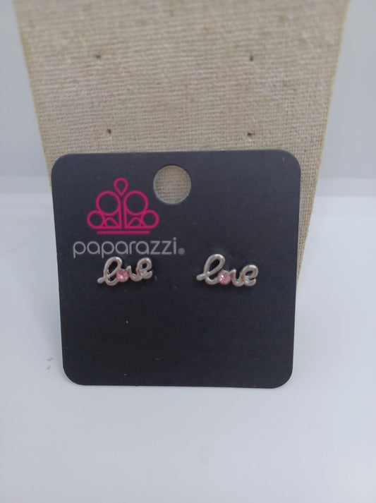 Silver "Love" Earrings w/ Pink Rhinestone