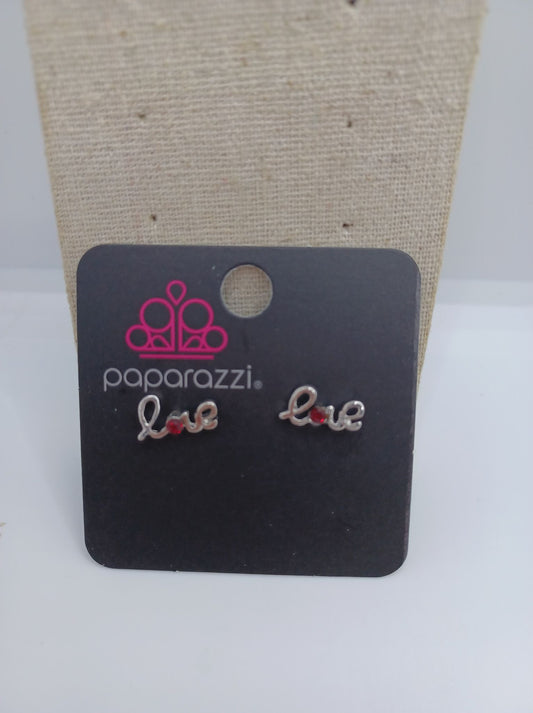 Silver "Love" Earrings w/ Red Rhinestone