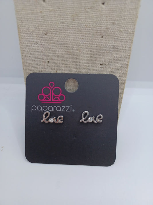 Silver "Love" Earrings w/ White Rhinestone