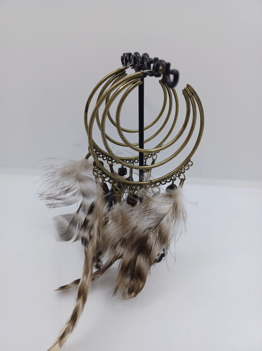 Brass Hoop Earrings w/ Feathers