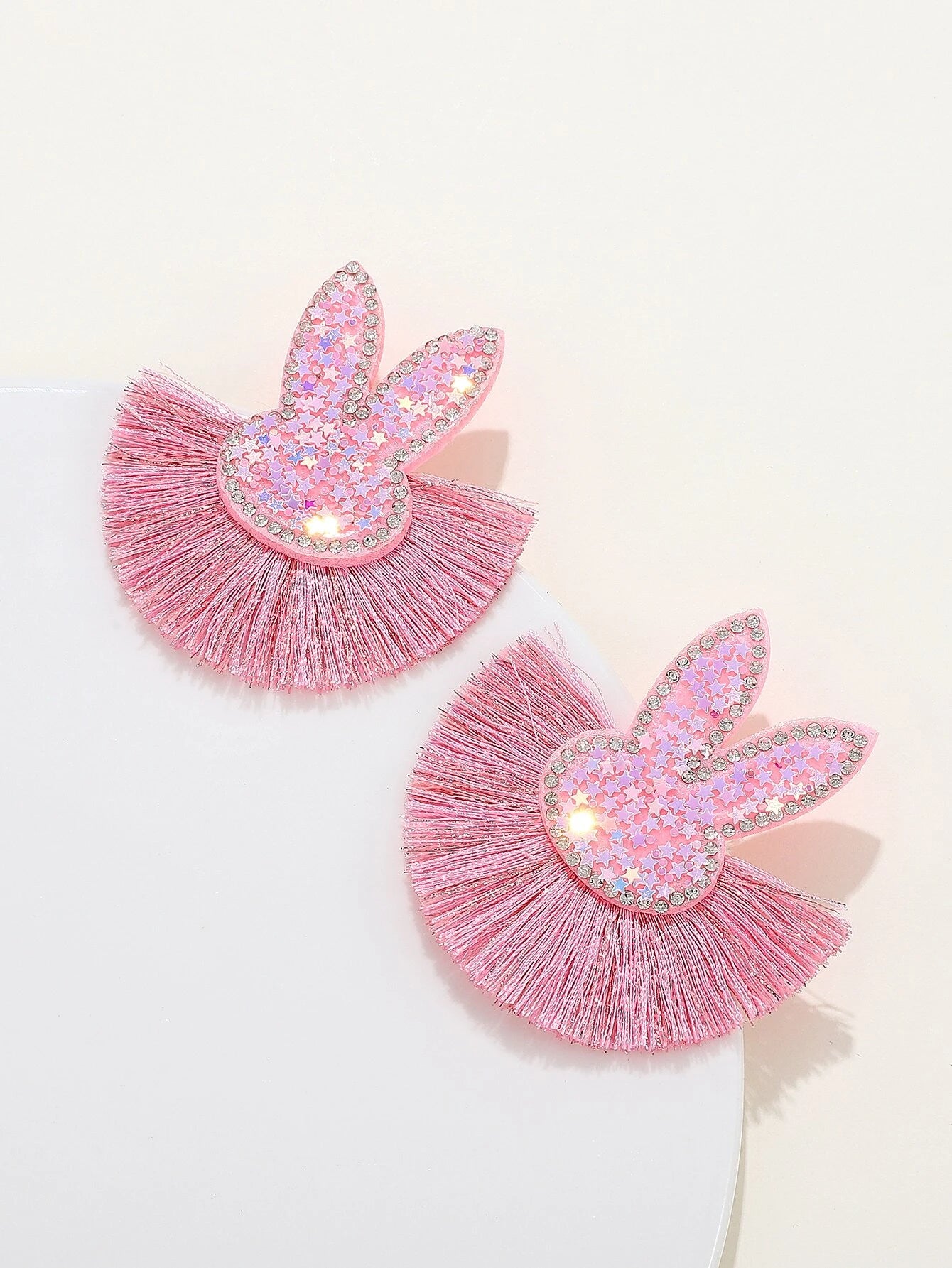 Pink Glitter & Tassel Bunny Earrings
