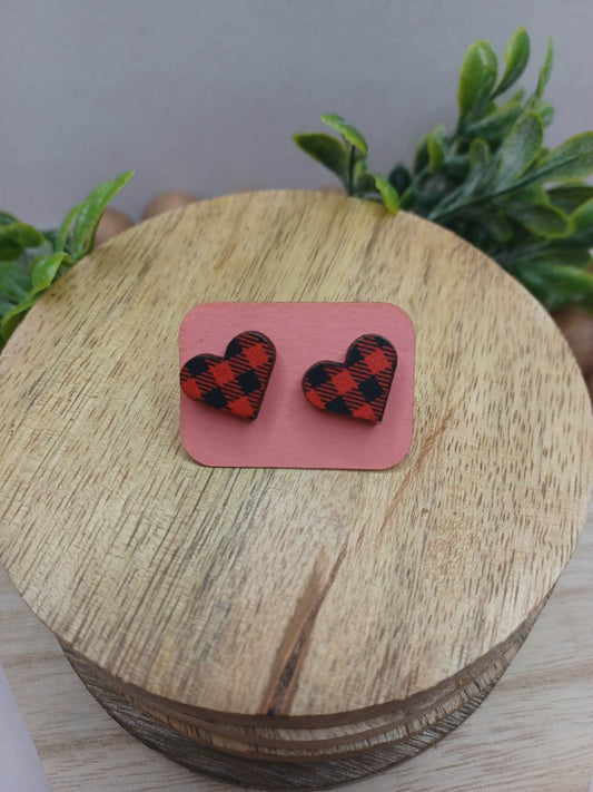 Red & Black Plaid Wooden Heart Earrings