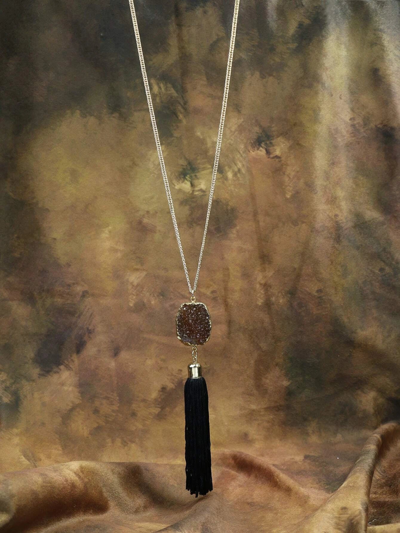 Silver Necklace w/ Black Tassel & Brown Druzy Pendant