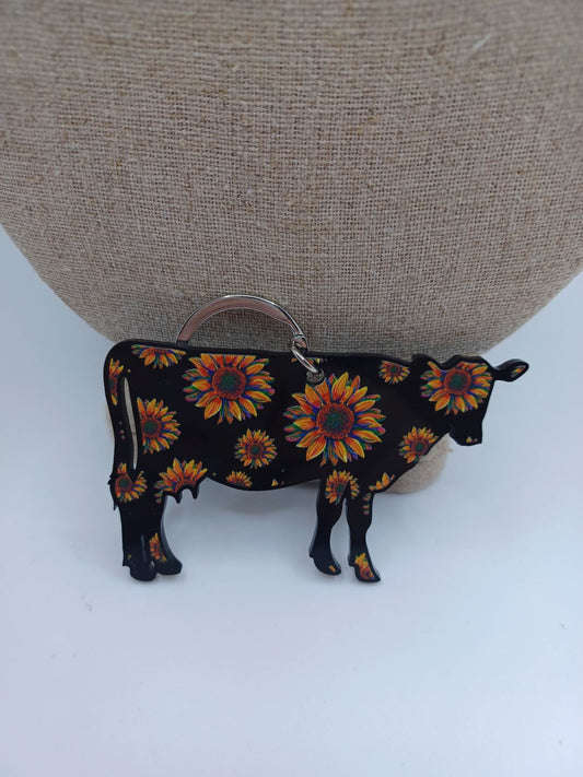 Black w/ Sunflower Patterned Cow Keychain