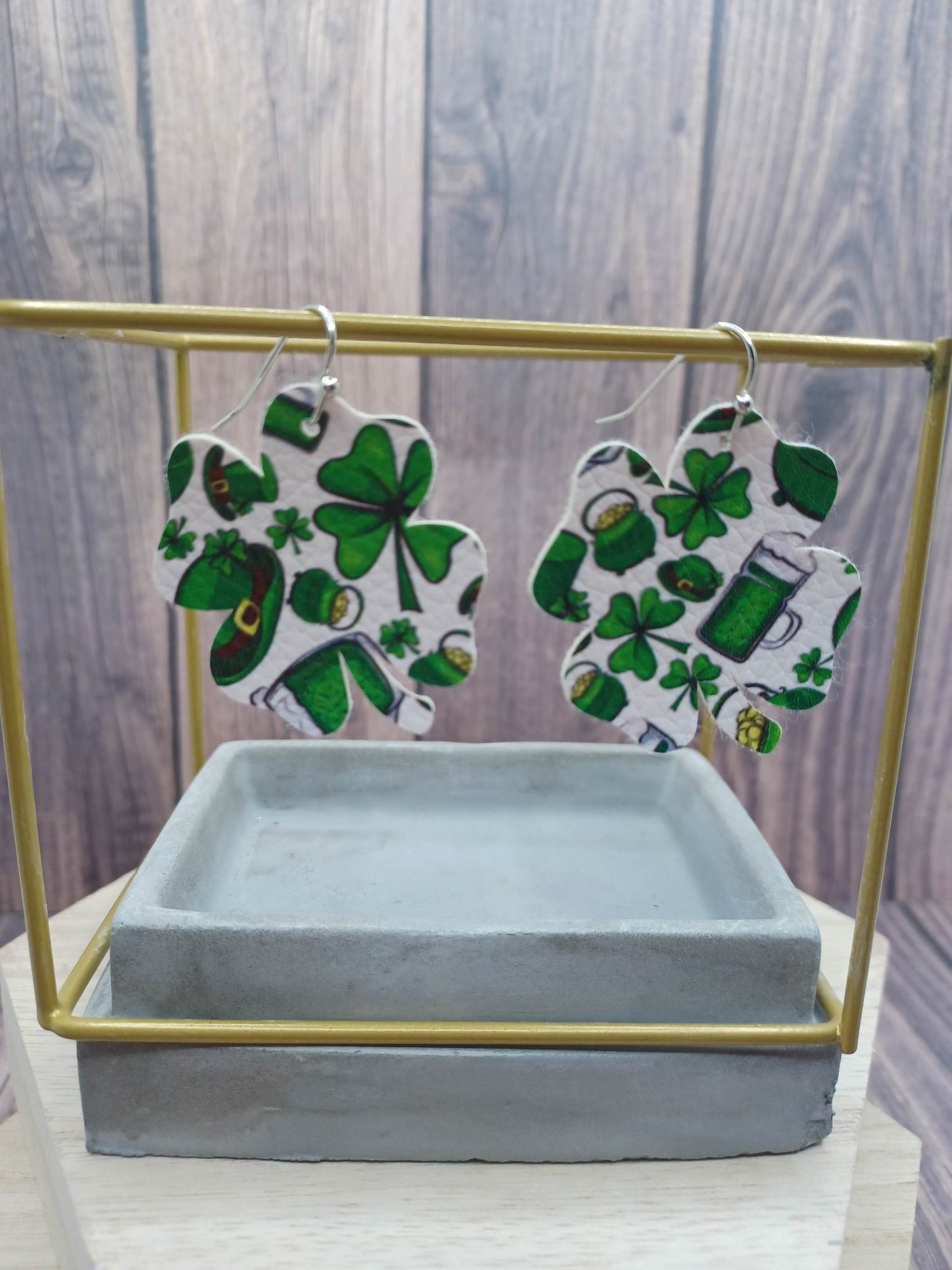 White Shamrock Shaped Earrings w/ Green Shamrocks, Pot of Gold, & Green Beer