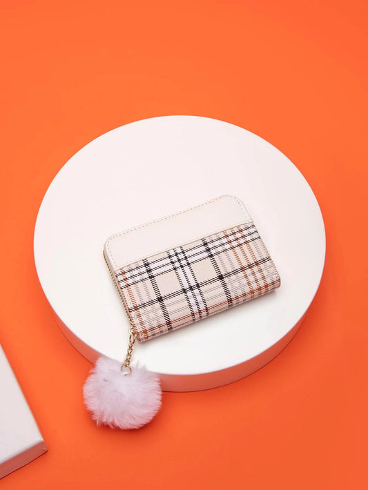 PREORDER - White Plaid Design Wallet w/ White Pom Detail