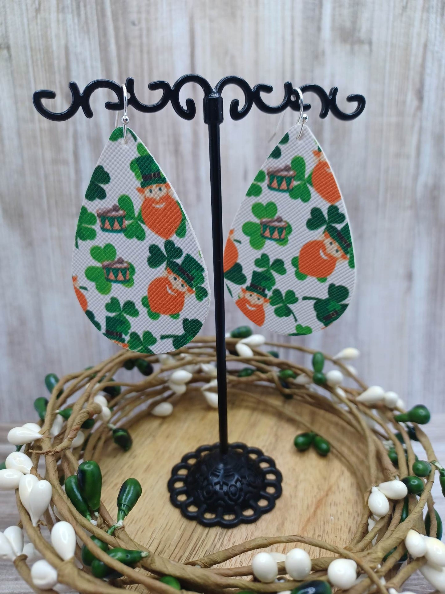 Irish Leprechaun Patterned Leather Style Earrings
