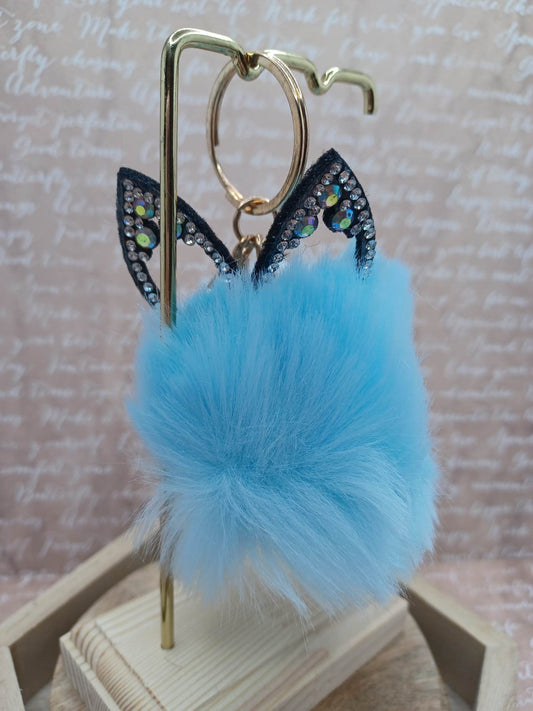 Baby Blue Fox Pom Pom Keychain w/ Mermaid Rhinestone Ears