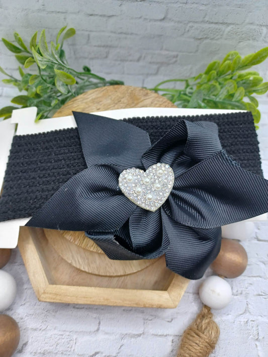 Black Baby Headband w/ Rhinestone & Pearl Heart Charm