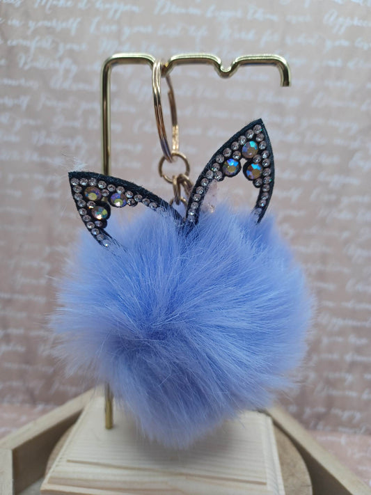 Blue Fox Pom Pom Keychain w/ Mermaid Rhinestone Ears