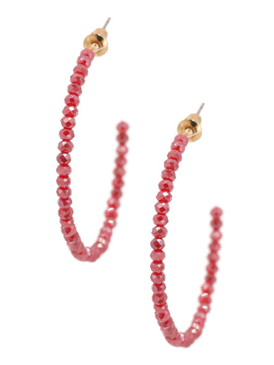 Red Faceted Beaded Post Back Hoop Earrings