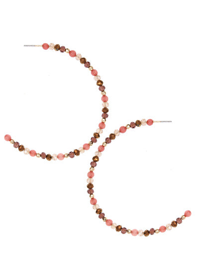 Pink Brown & Champagne Beaded Hoop Earrings
