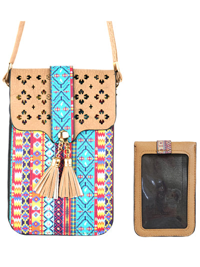 Aztec Patterned Crossbody Purse - Teal w/ Orange & Multicolored