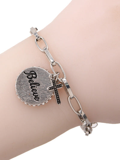 Silver Bracelet w/ Believe & Cross Charms