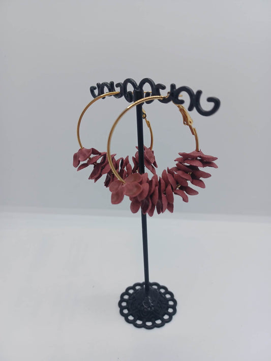 Gold Hoop Earrings w/ Deep Pink Flowers